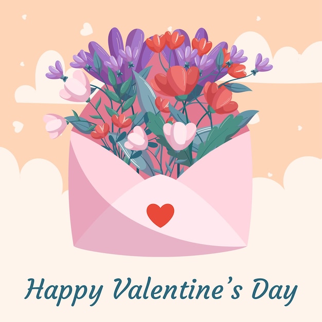 St Valentines Day illustration design with pink open envelop red flowers with green leaves on beige backdrop Concept with decorative clouds and hearts on the back Greeting card