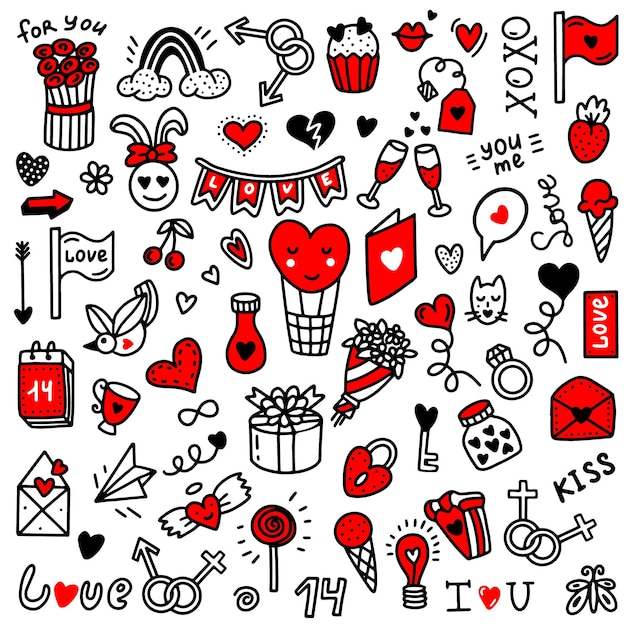 St valentines love doodles vector illustration in doodle style design for valentines daywedding greeting cards