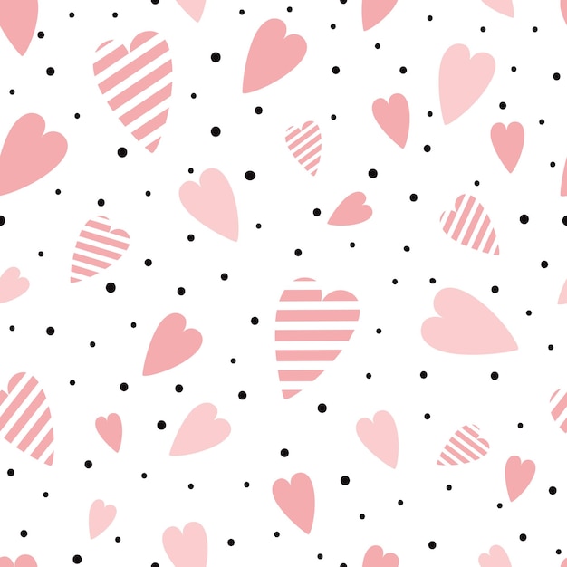 St Valentines seamless pink pattern with heart shapes ornament decorated black polka dot ornament Vector illustration for wallpaper wrap Wedding background Valentines day template Girly pyjama print