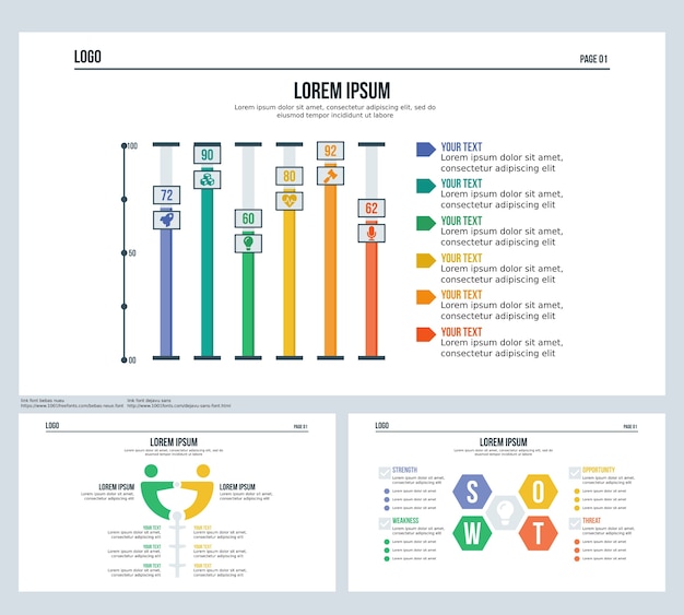 Staaf, vergelijking, swot, presentatiedia en powerpoint-sjabloon instellen