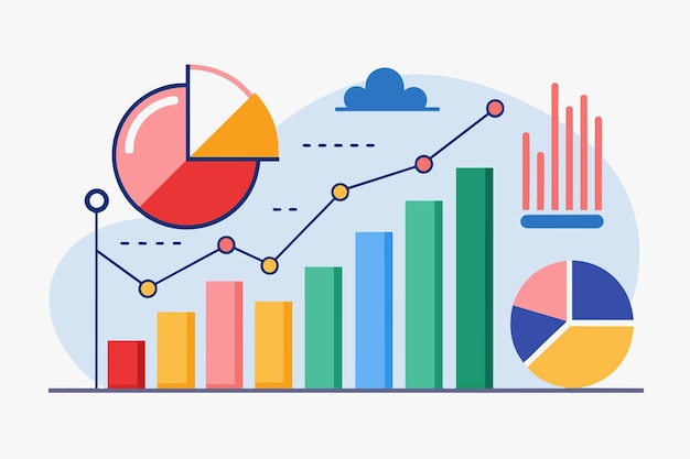 Staafgrafiek met piegrafiek Overlay onderzoeksstatistische gegevens over bedrijfsprestatie-indicatoren Eenvoudige en minimalistische platte vectorillustratie