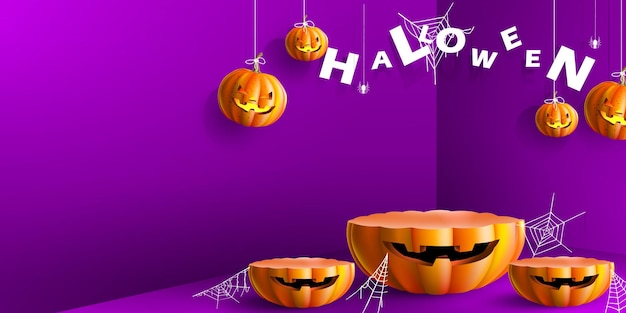 Staan en podiumproduct met halloween-pompoenen op paarse achtergrond