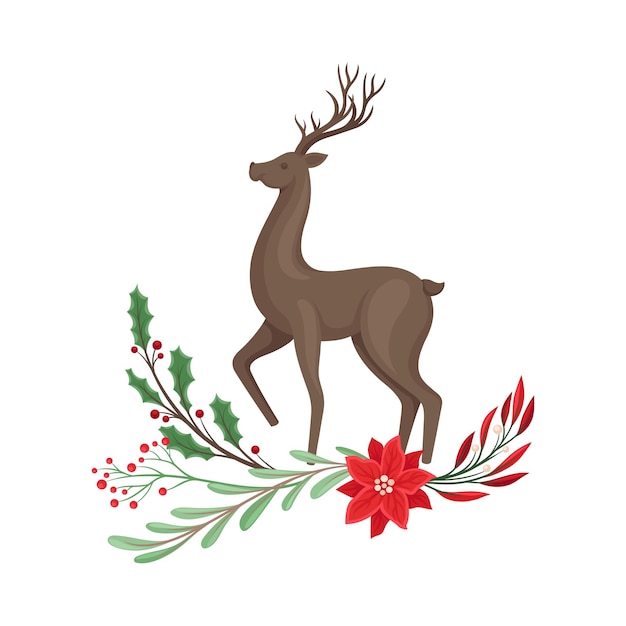 Staand bruin hert en wintertakjes en bloemcompositie eronder Vector illustratie Gehoornde rendier Dier als vakantiesymbool