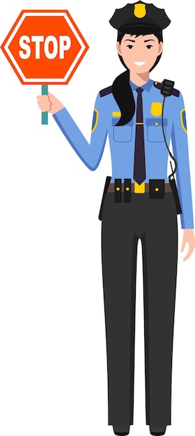 Staande Amerikaanse vrouwelijke politieagent met waarschuwingsbord Stop in traditioneel uniform Character Icon