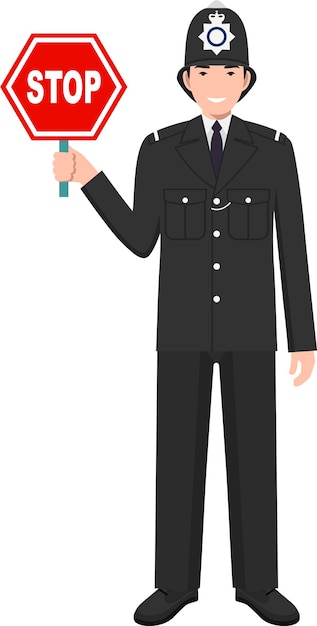 Staande Britse politieagent met waarschuwingsbord Stop in Traditioneel Uniform Character Icon