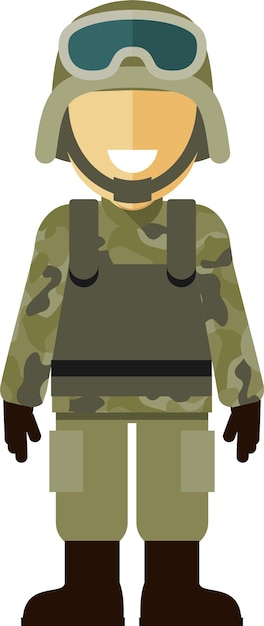 Vector staande jonge man soldaat in camouflage militair uniform en helm in vlakke stijl