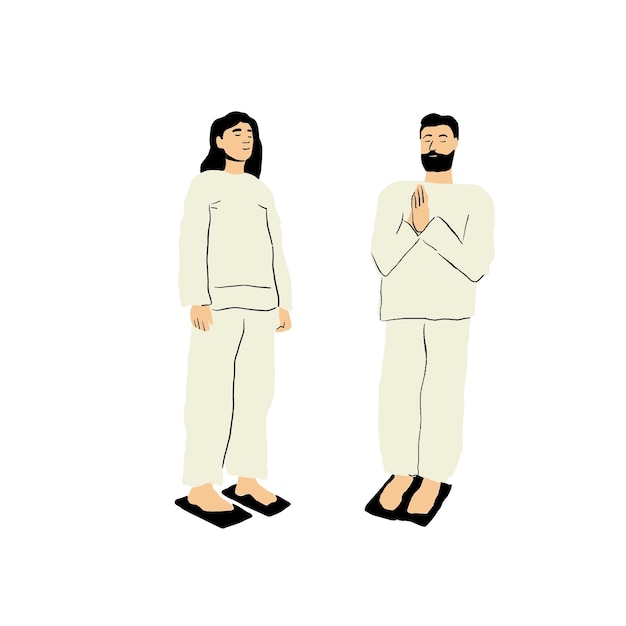 Staande op sadhu planken Vrouw en man staan op spijkers Handgetekende vectorillustratie.
