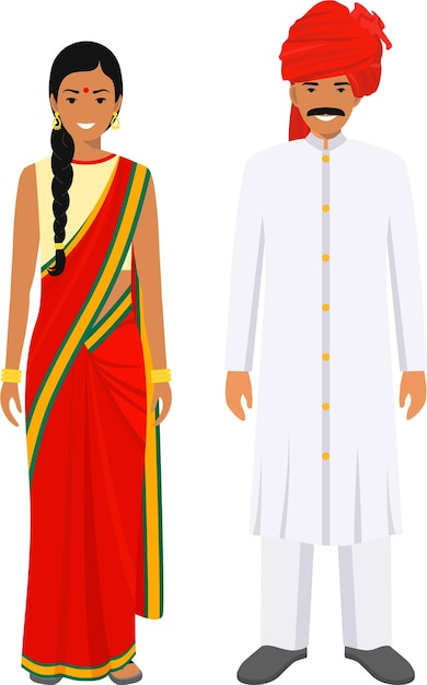 Staande paar indiase man en vrouw in traditionele nationale kleding in vlakke stijl