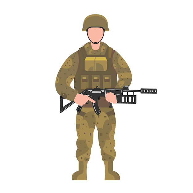 Staande soldaat in uniform met een platte vectorillustratie van een aanvalsgeweer geïsoleerd op wit