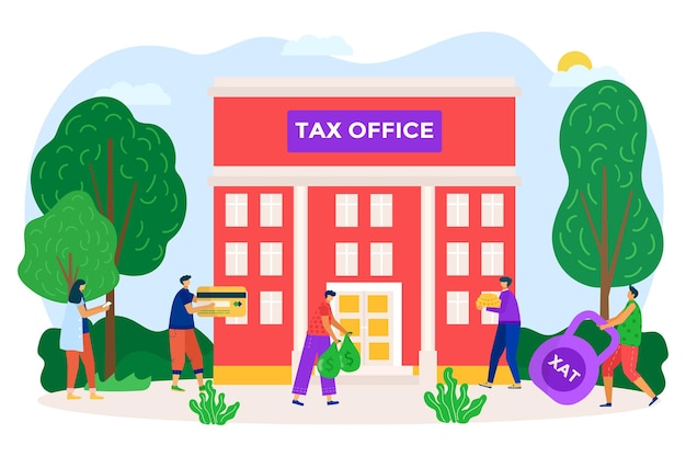 Staat belastingdienst gebouw mensen karakter belastingbetaler samen betalen vergoeding aan kantoor flat vecto...