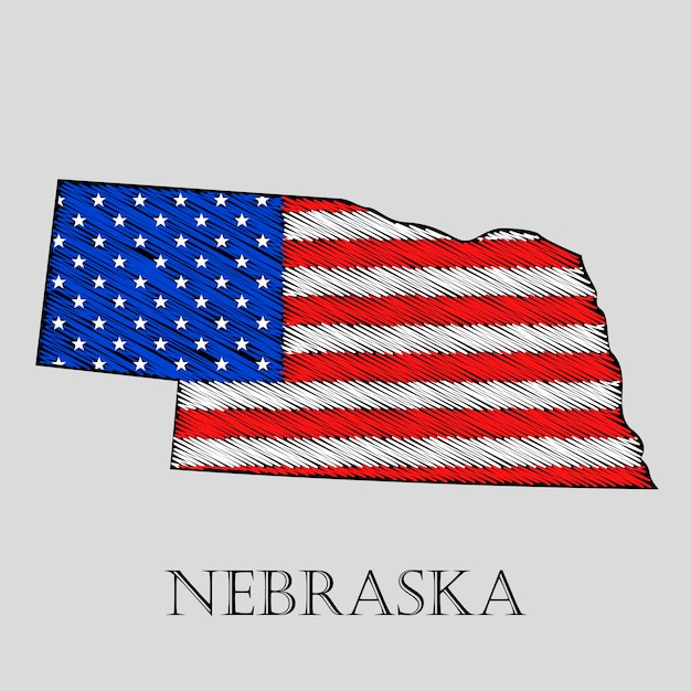 Staat Nebraska in Krabbel stijl - vectorillustratie. Abstracte platte kaart van Nebraska met het opleggen van de Amerikaanse vlag.