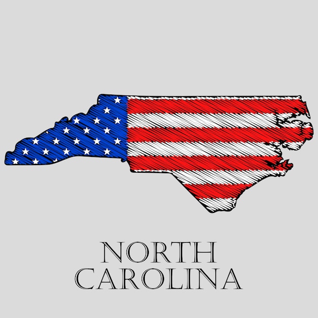 Staat North Carolina in Krabbel stijl - vectorillustratie. Abstracte platte kaart van Noord-Carolina met het opleggen van de Amerikaanse vlag.
