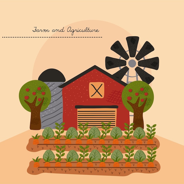Stable farm building with windmill and cultivevector illustration design