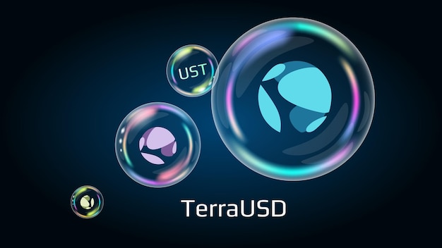 Stablecoin TerraUSD UST-tokensymbool in zeepbel Cryptocurrency-prijs daalt naar beneden handelscrisis en crash De financiële piramide zal binnenkort barsten en vernietigd worden