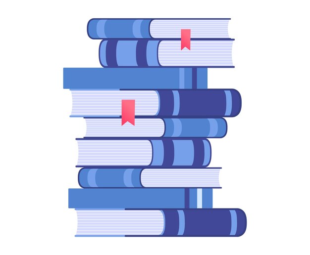 Vector stack of blue books with bookmarks education concept pile of literature for reading hobby knowledge and library theme vector illustration