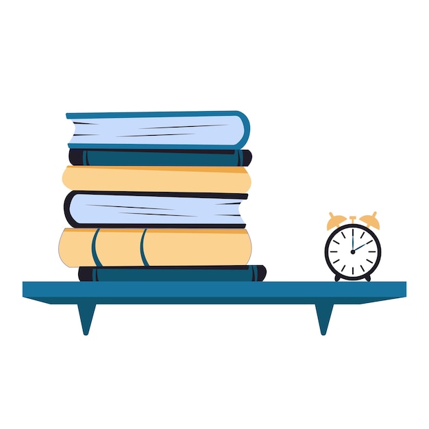 A stack of books and an alarm clock on the wall with a bookshelf on a white background