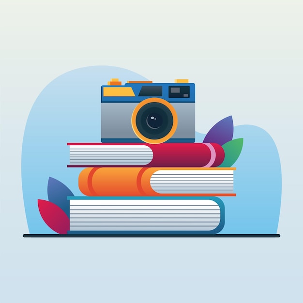 Stack of books and camera object illustration