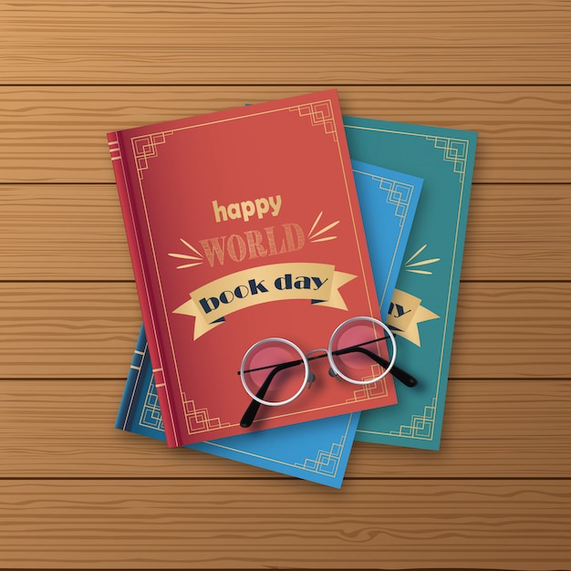 Vector stack of books, happy world day on a wood background