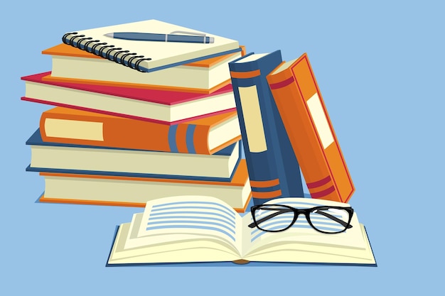 A stack of books and notebooks glasses