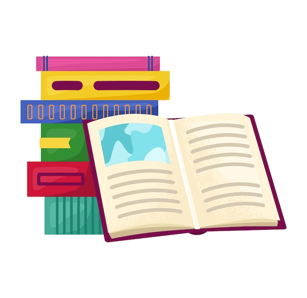 Stack books one open front showing pages Colorful textbooks flipped page book Education