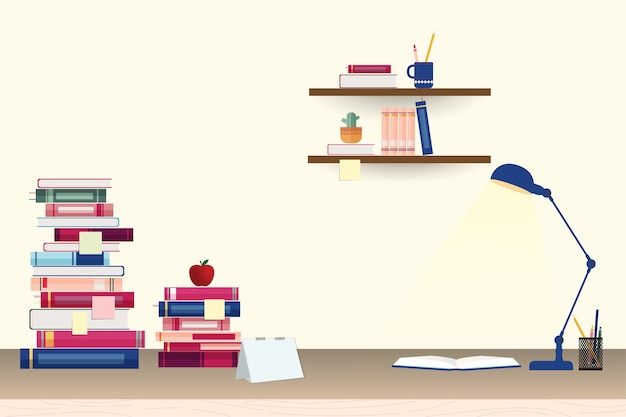 Stack of books and stationery on table and shelves 