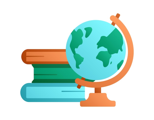 A stack of books textbooks and a globe Schooling Geography lesson Flat design Gradient colors