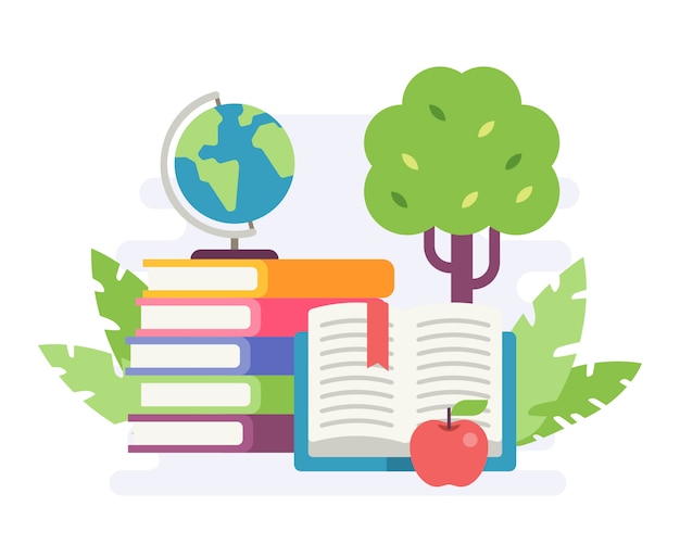 Vector stack of books with an apple and mini globe