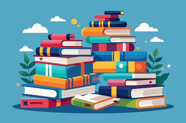 a stack of books with a blue sky in the background