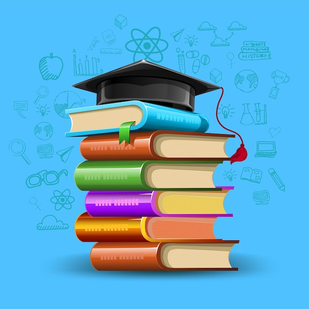 A stack of books with a graduation cap on top of it in vector