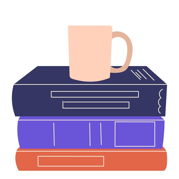 Stack of books with mug in doodle style isolated vector