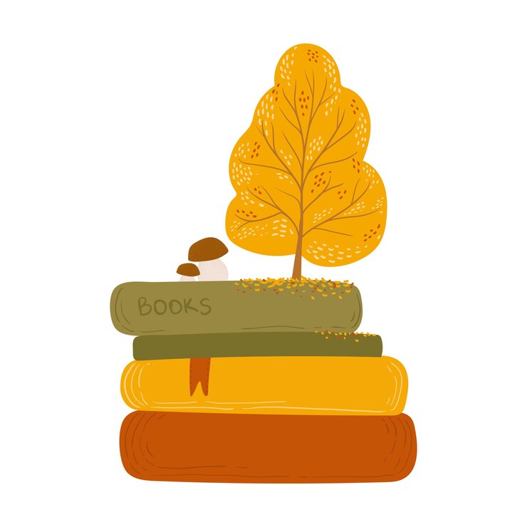 Vector a stack of books with a tree and a mushroom in an autumn setting autumn reading