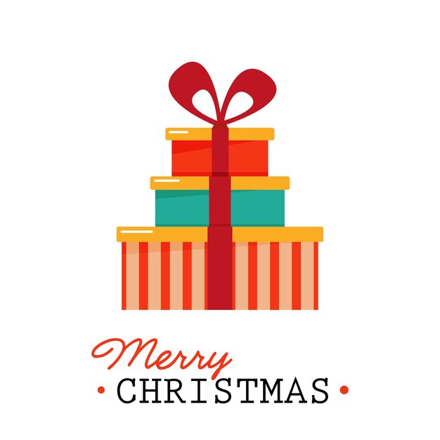 Vector stack of christmas gifts with bow and lettering merry christmas on white background