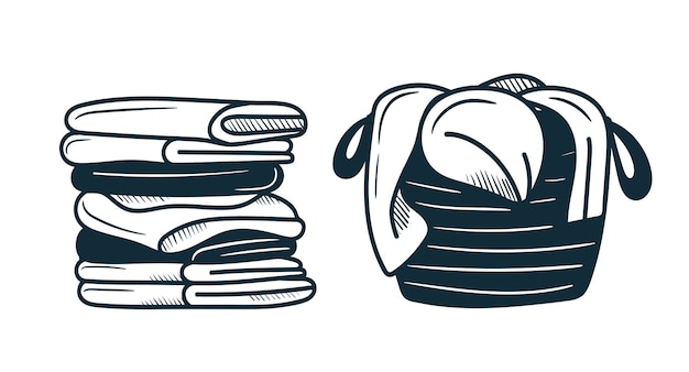 a stack of clean laundry and a basket of dirty laundry handdrawn illustration