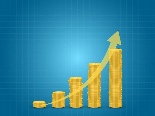 Stack of coins rising and arrow concept of money growth and investment