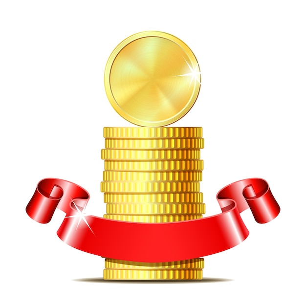 赤いリボンとコインのスタック金銭的利益金融の成功またはプレゼントの概念