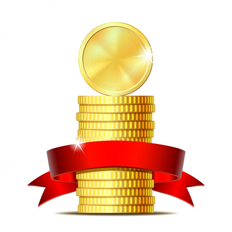 Vector stack of coins with red ribbon.