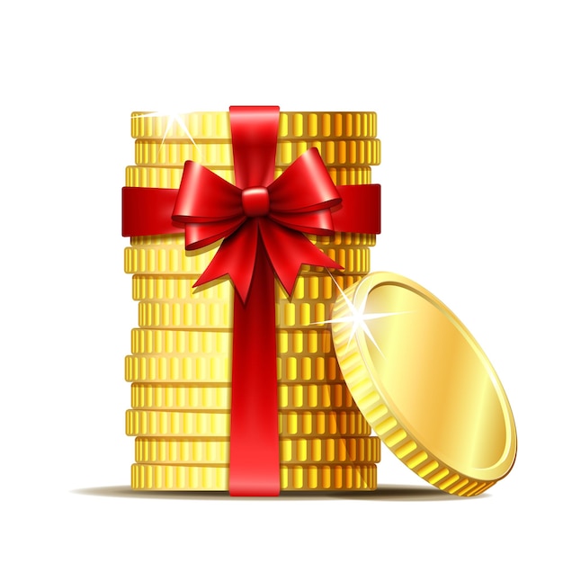 Stack of coins wrapped with red ribbon and gift bow Concept of pecuniary profit finance success