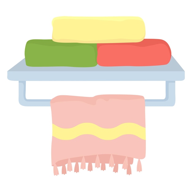 Stack of colorful towels on a metal shelf pink towel with fringe hanging below home organization