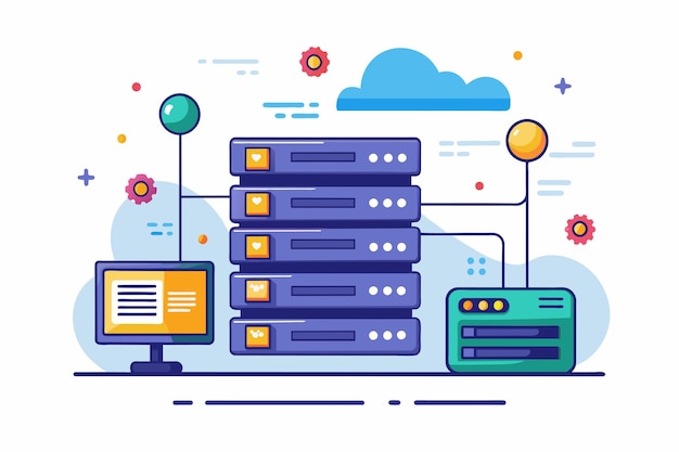 a stack of computers connected to a cloud computing system symbolizing data storage and processing capabilities website hosting data simple and minimalist flat vector illustration