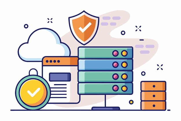 a stack of data with a shield placed on top symbolizing security and protection web hosting sql security simple and minimalist flat vector illustration