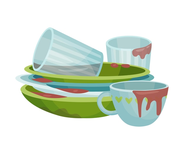 Vector stack of dirty dishes and crockery vector illustration