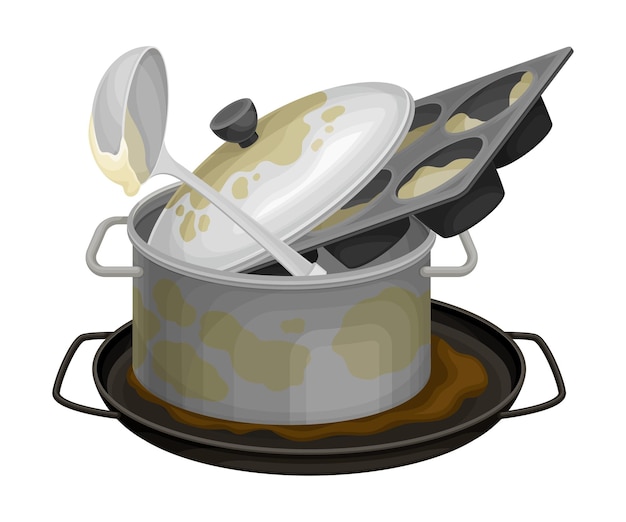 Vector stack of dirty dishes and utensils with ladle and saucepan vector illustration