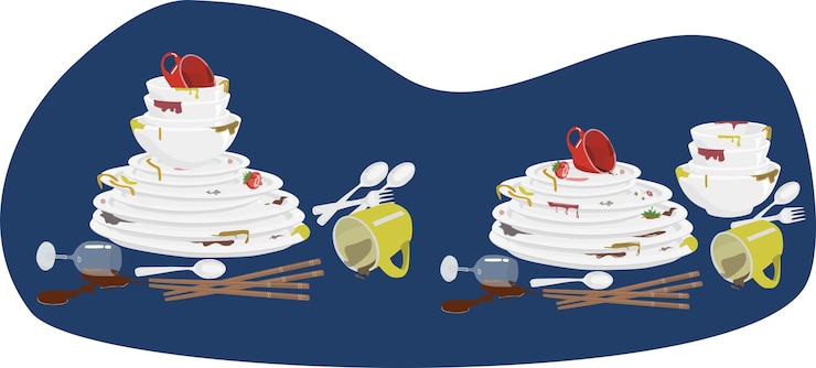 Vector stack of dirty dishes on wood table pile of unwashed dishes with food stain white kitchen househol