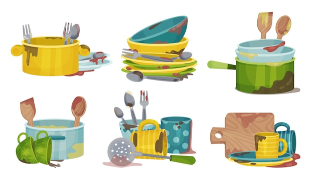 Stack of Dirty Kitchen Utensil and Dinnerware with Plates and Spoons Vector Set