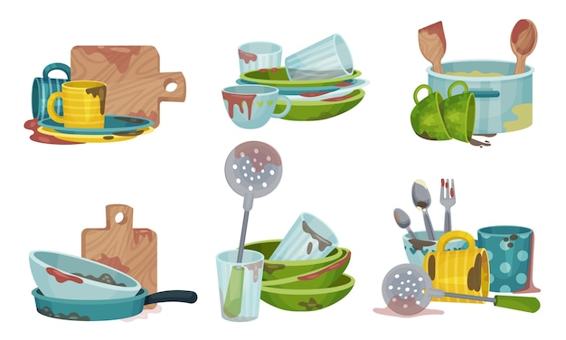 Stack of Dirty Kitchen Utensil and Dinnerware with Plates and Spoons Vector Set