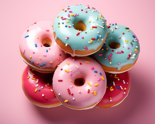 A stack of donuts with sprinkles on a pink background