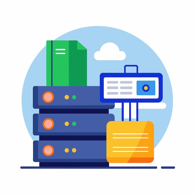 Vector stack of files with computer on top organizing data storage and file archive on server or computer simple and minimalist flat vector illustration