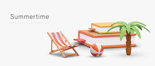 Vector stack of giant 3d books near palm tree ball and deck chair