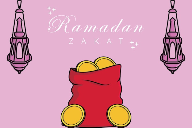 Stack of gold coins and charity money bag for zakat in holy month of ramadan vector illustration