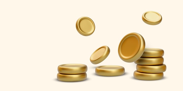 Stack of gold coins and falling gold coins in realistic style with shadow isolated on light background vector illustration